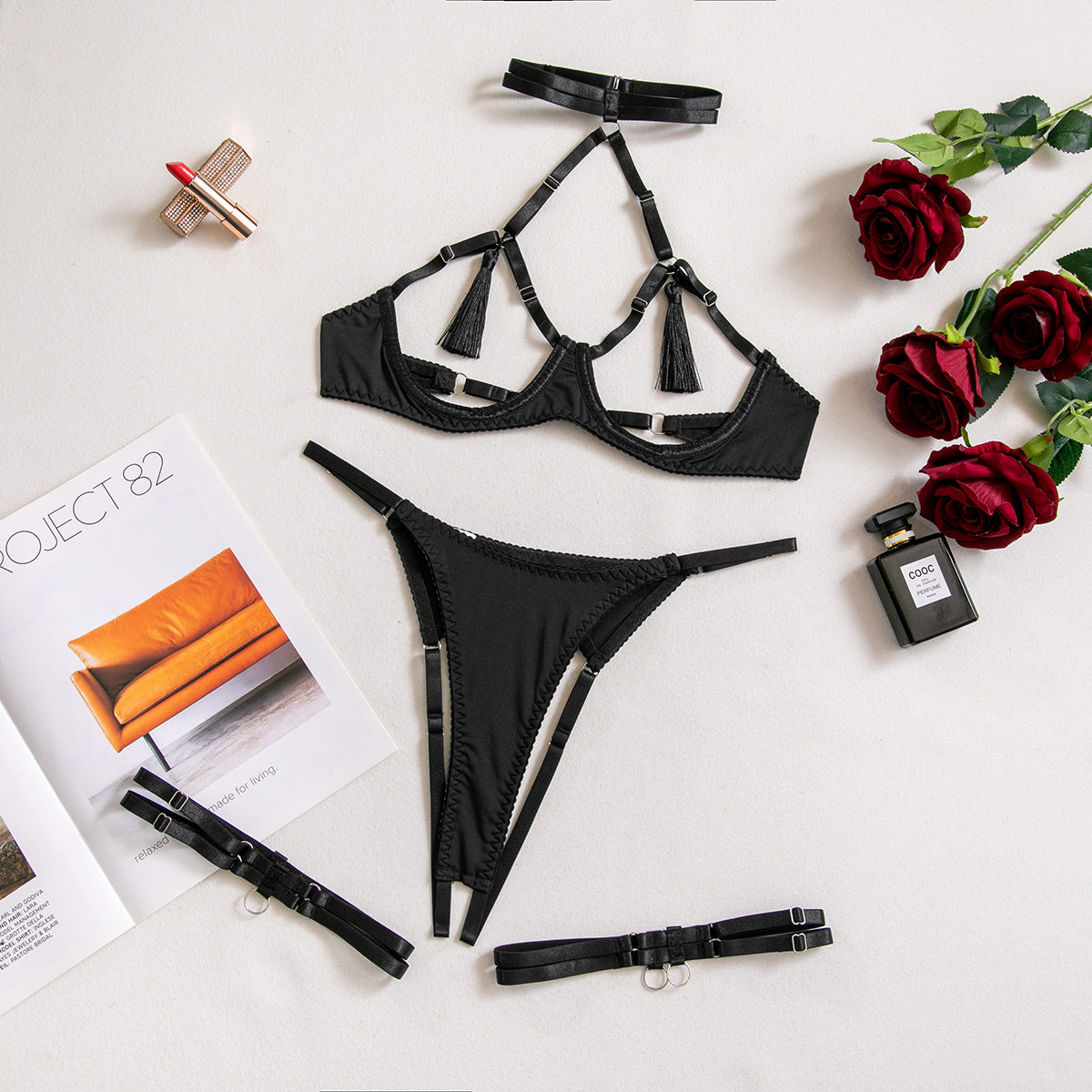 Sexy Tassel Open Cup & Crotch Lingerie Set