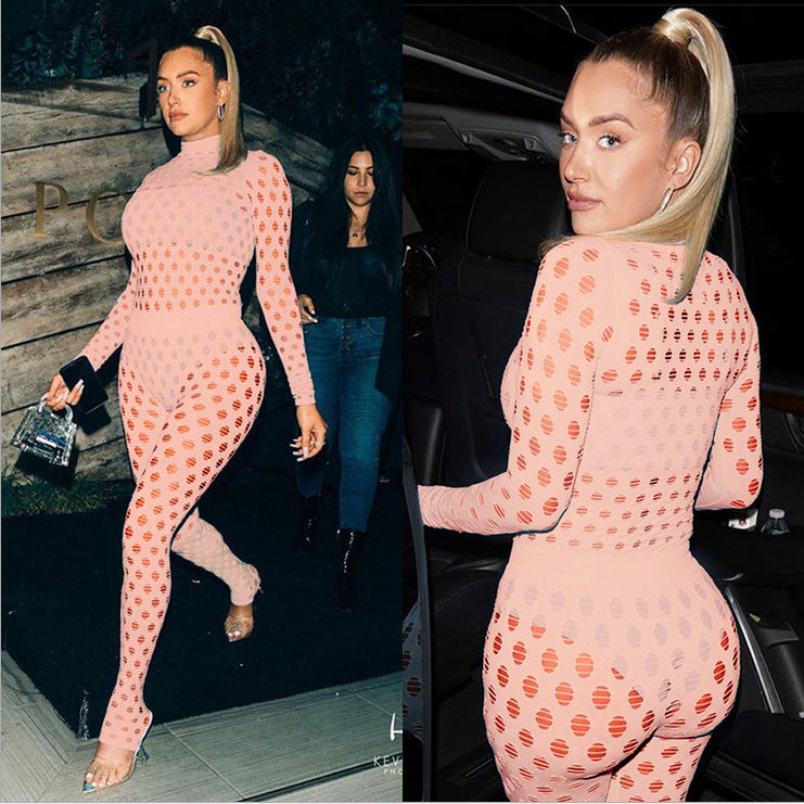 Sexy high-neck ripped knitted mesh breathable suit