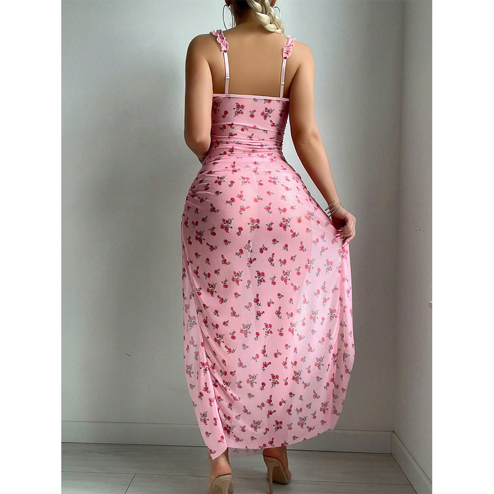 New Sexy Women's Printed Backless Slit Top Nightdress