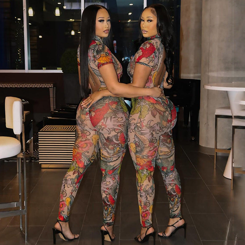 Hot selling women's backless printed see-through jumpsuit