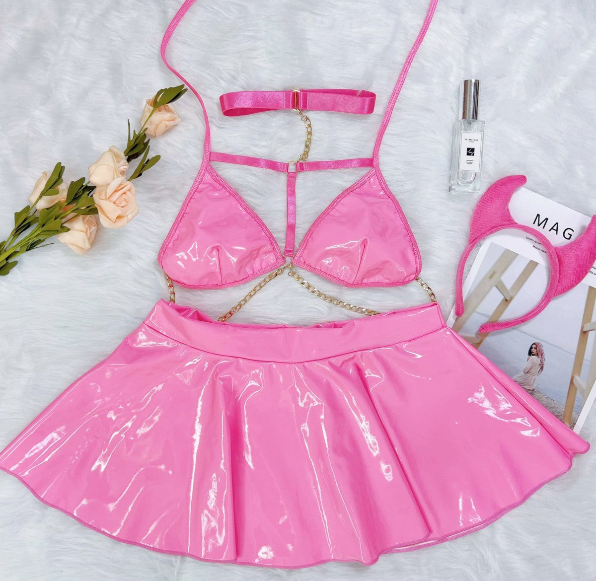 New Sexy Patent Leather Bikini Mini Skirt Sexy Set