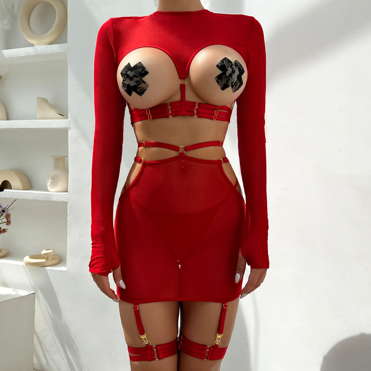 Sexy long-sleeved tops with leg loops 5-piece set