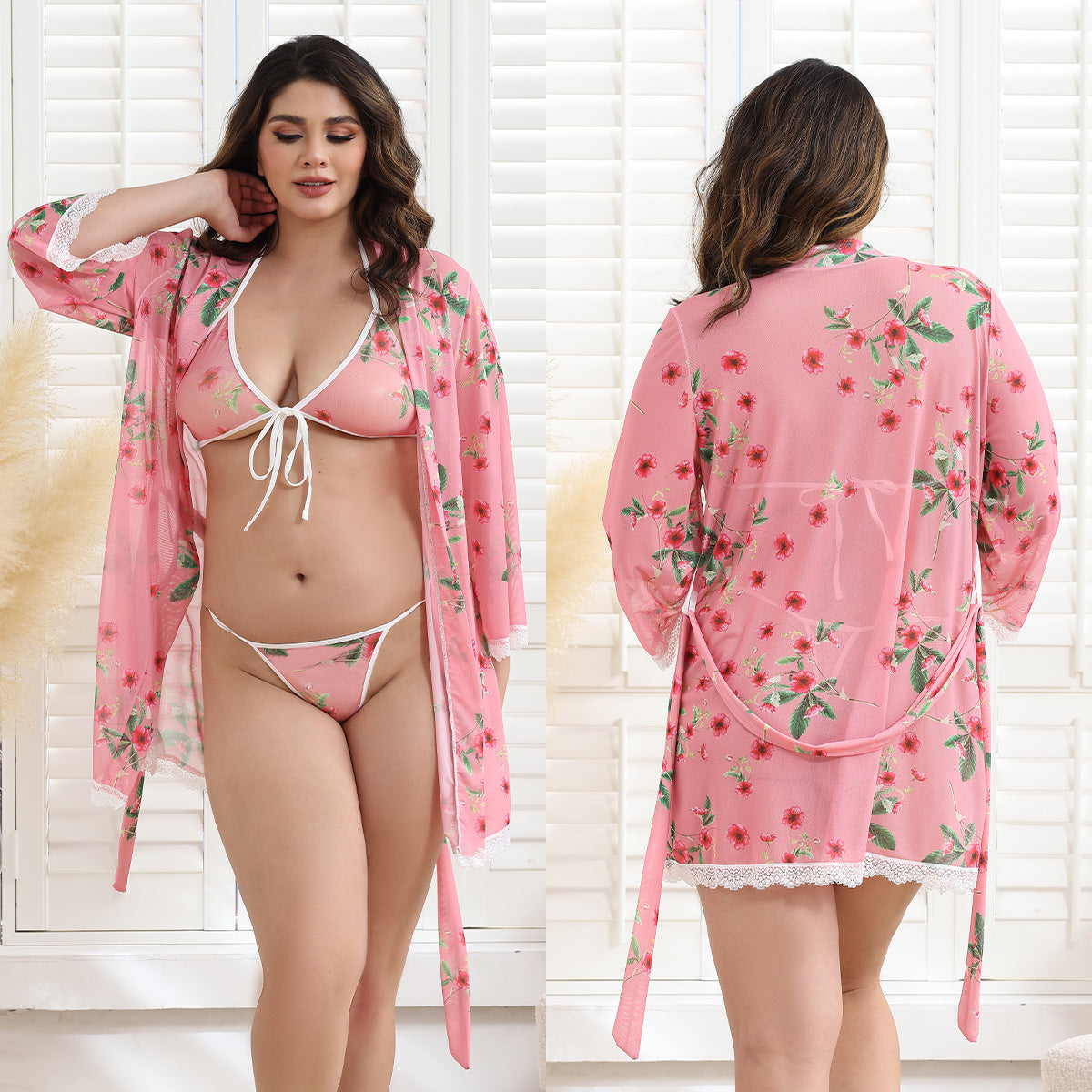Sexy suspender bathrobe nightdress three-piece set