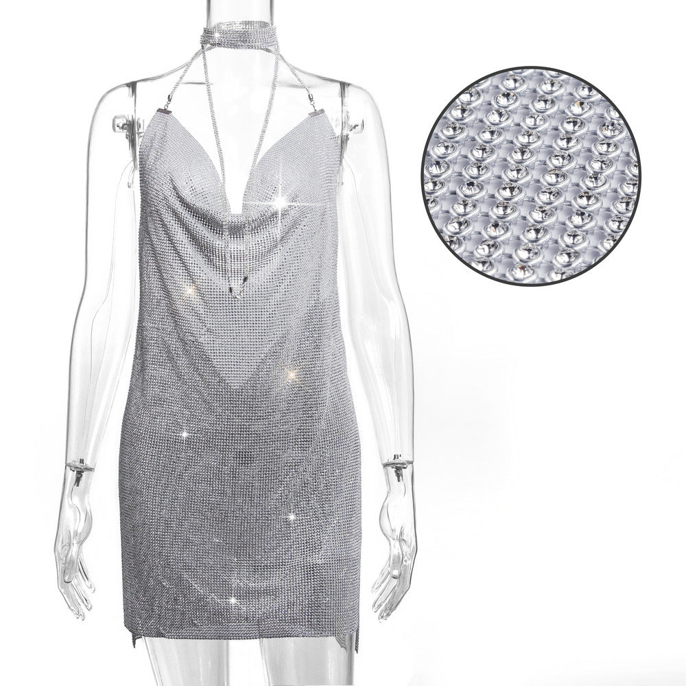 Hot selling metal sequin slip dress with diamond chain