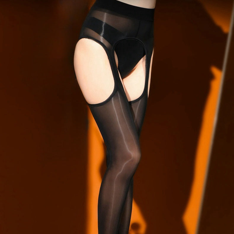 Long, shiny, snag-resistant, crotchless garter stockings