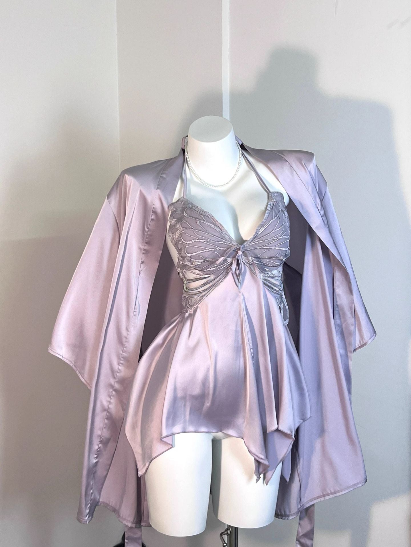 Sexy Bowknot Suspender Ice Silk Nightdress with Padded Bra
