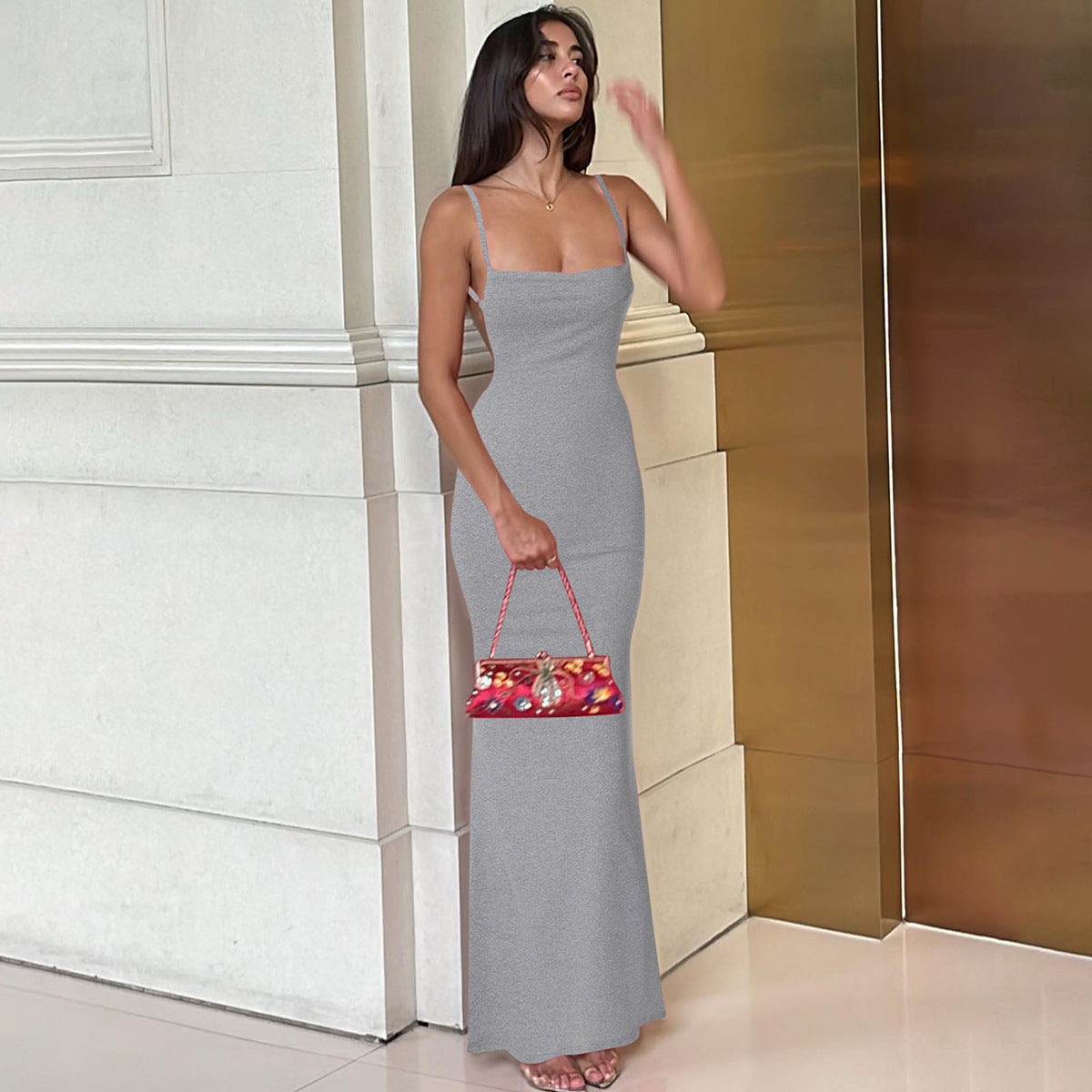 Sexy slim backless suspender dress