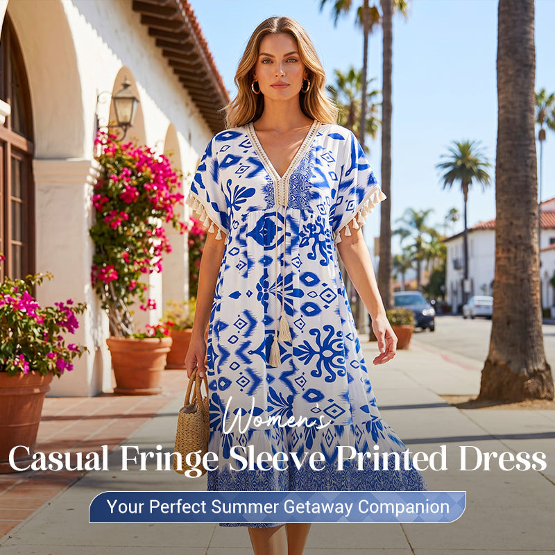 New Summer Fashionable Printed V-Neck Tassel Dress