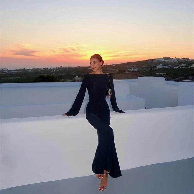 Crew-neck long-sleeve open-back beach cover-up dress