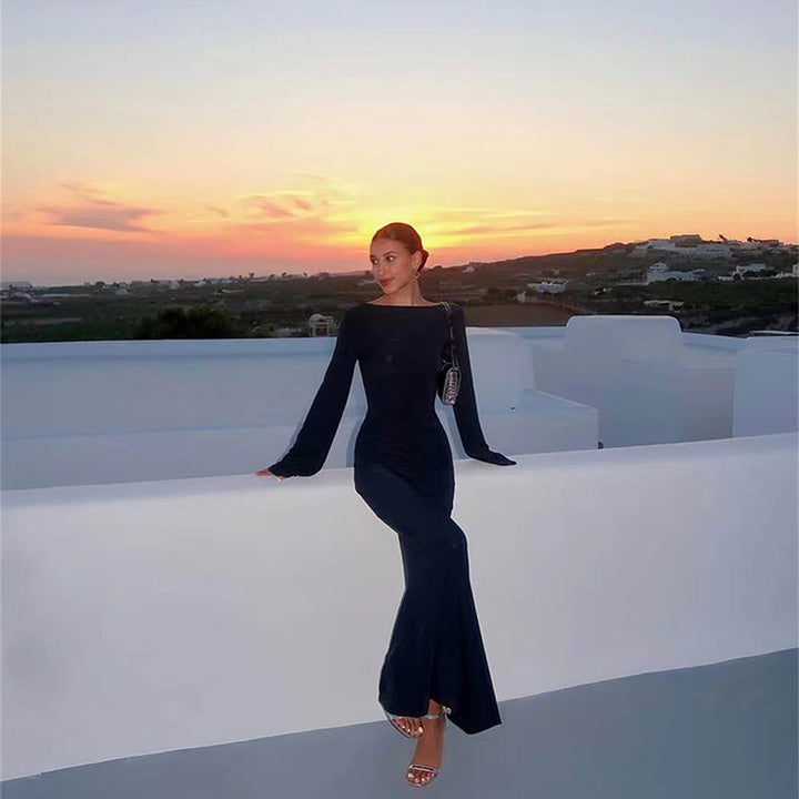 Crew-neck long-sleeve open-back beach cover-up dress