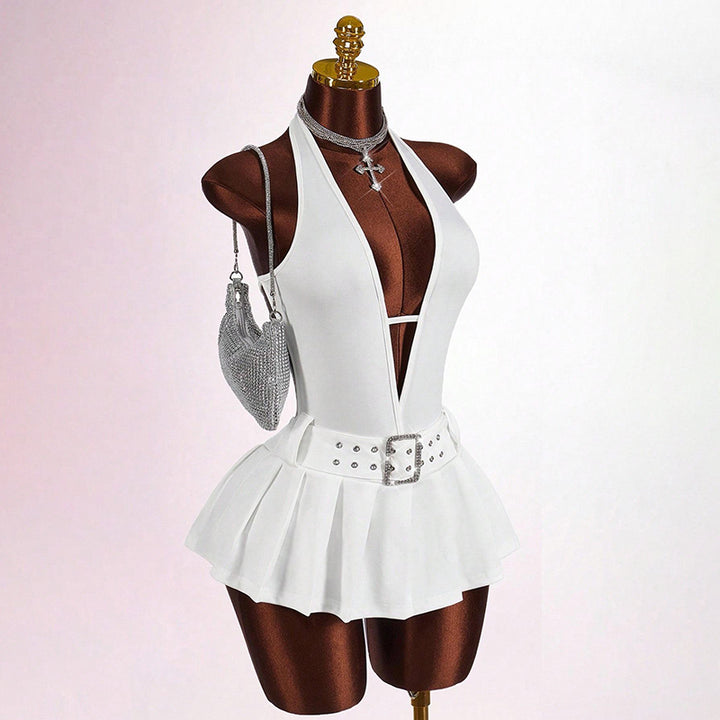 Stylish solid-color sexy halter-neck backless ruched mini dress