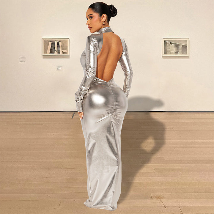 High-stretch, silky-sheen long-sleeve dress