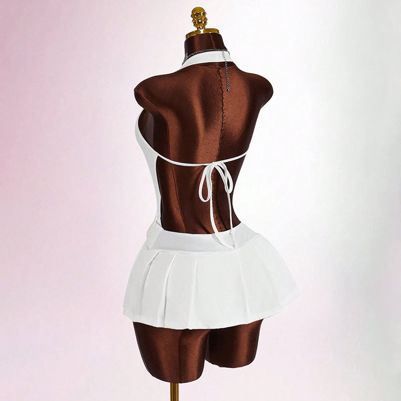 Stylish solid-color sexy halter-neck backless ruched mini dress