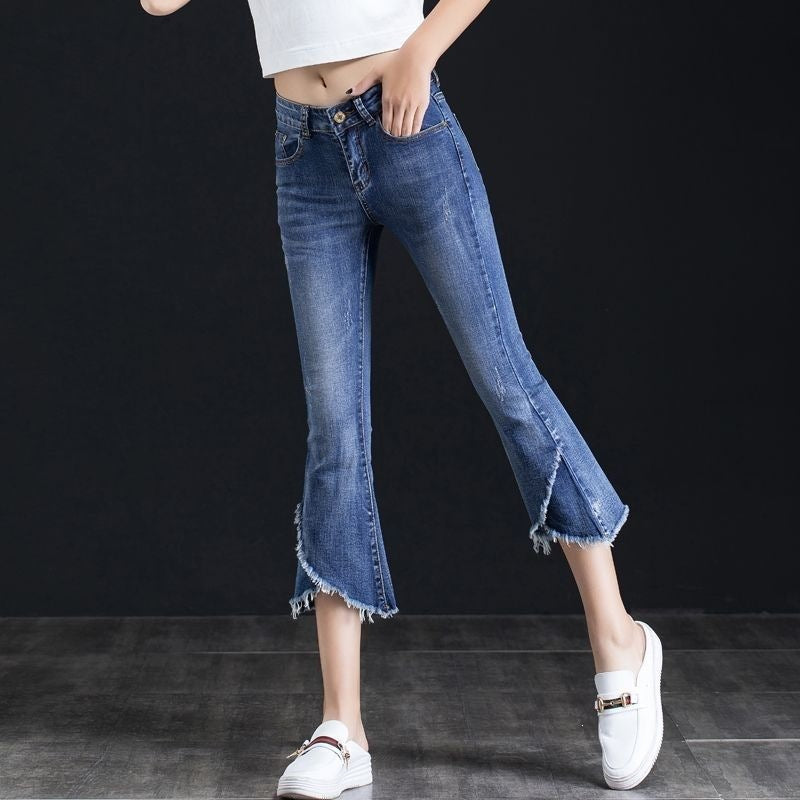 New high-waisted, slimming, stretchy, plus-size cropped kick-flare jeans.