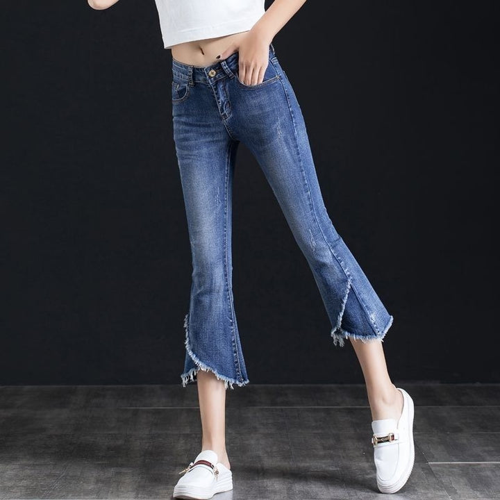 New high-waisted, slimming, stretchy, plus-size cropped kick-flare jeans.