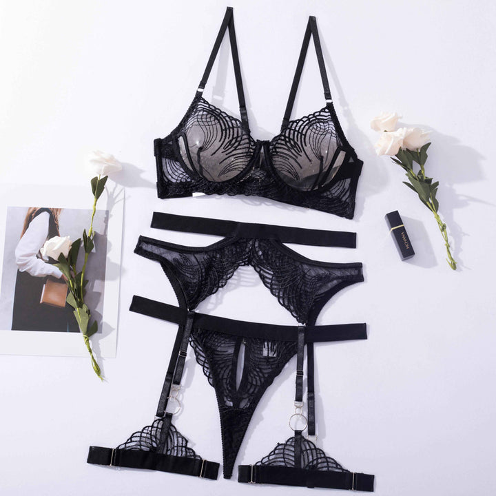 Embroidered Tulle Lingerie and Garter Belt Set