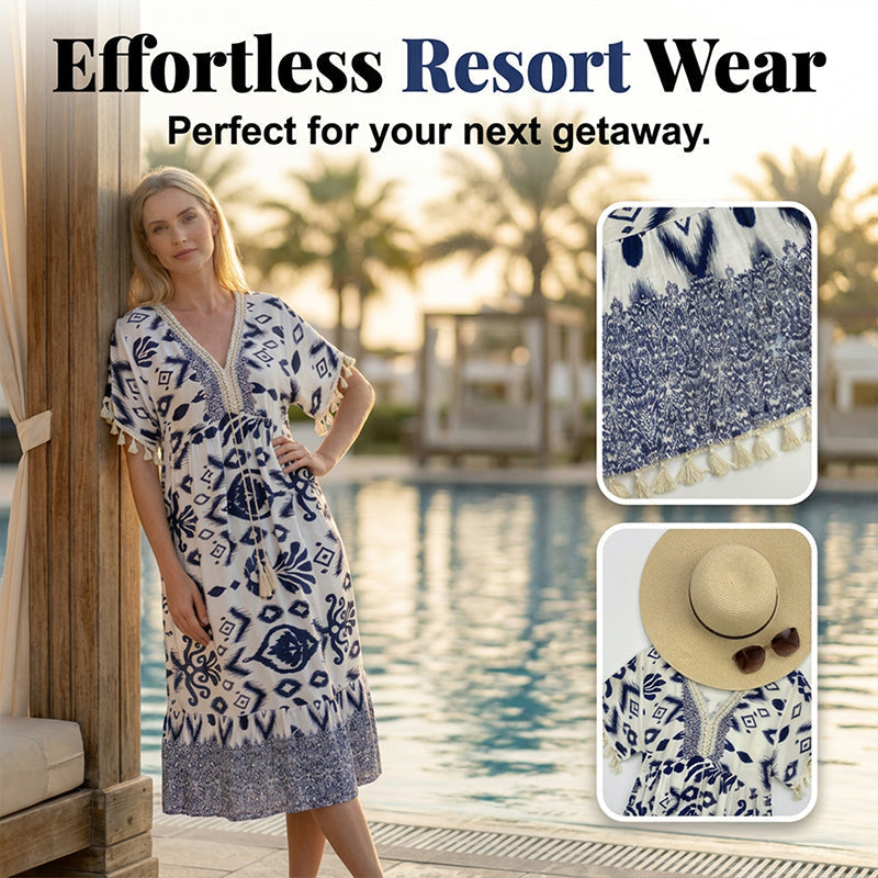 New Summer Fashionable Printed V-Neck Tassel Dress