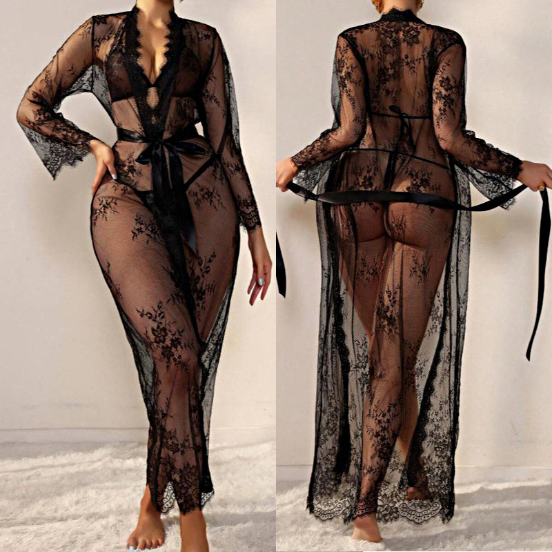 Sexy sheer lace long-style cardigan robe