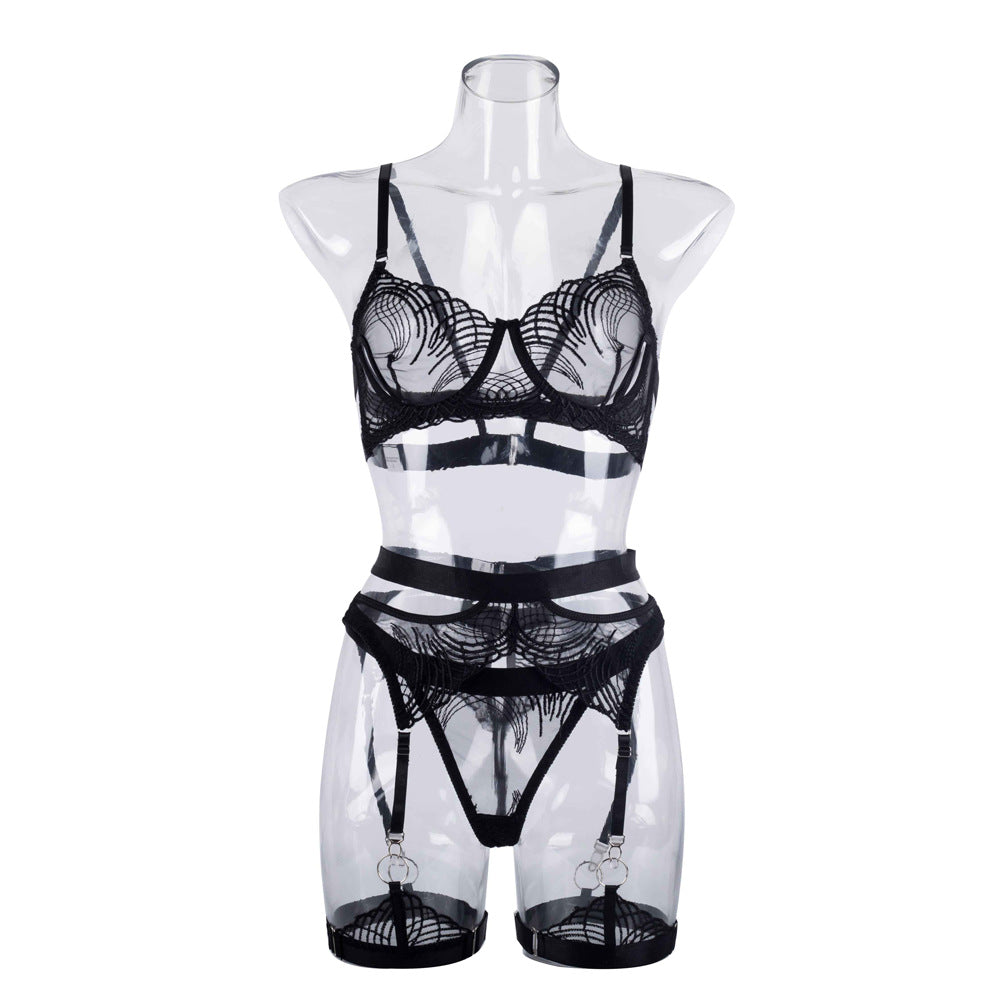 Embroidered Tulle Lingerie and Garter Belt Set