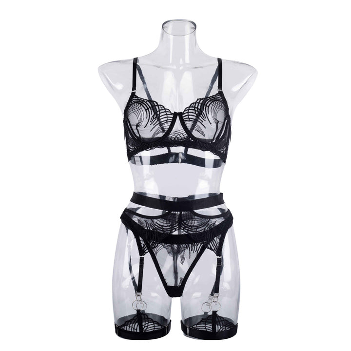 Embroidered Tulle Lingerie and Garter Belt Set