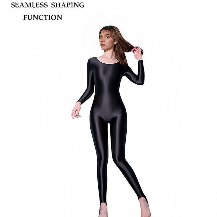 High-stretch, glossy, stirrup-style fitness bodysuit