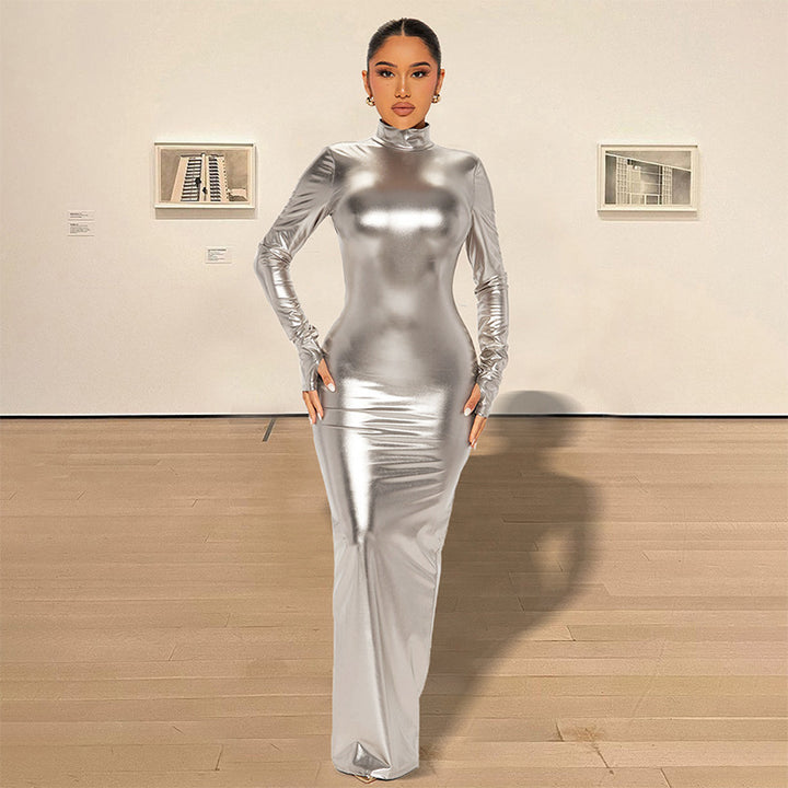 High-stretch, silky-sheen long-sleeve dress