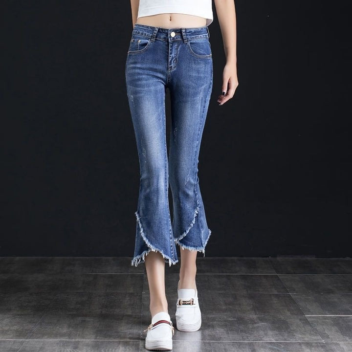 New high-waisted, slimming, stretchy, plus-size cropped kick-flare jeans.