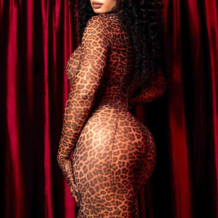 New Sexy Slim-Fit Long-Sleeve Leopard Print Zipper Set