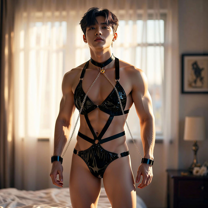 Patent Leather Chain-Detail Lingerie Set