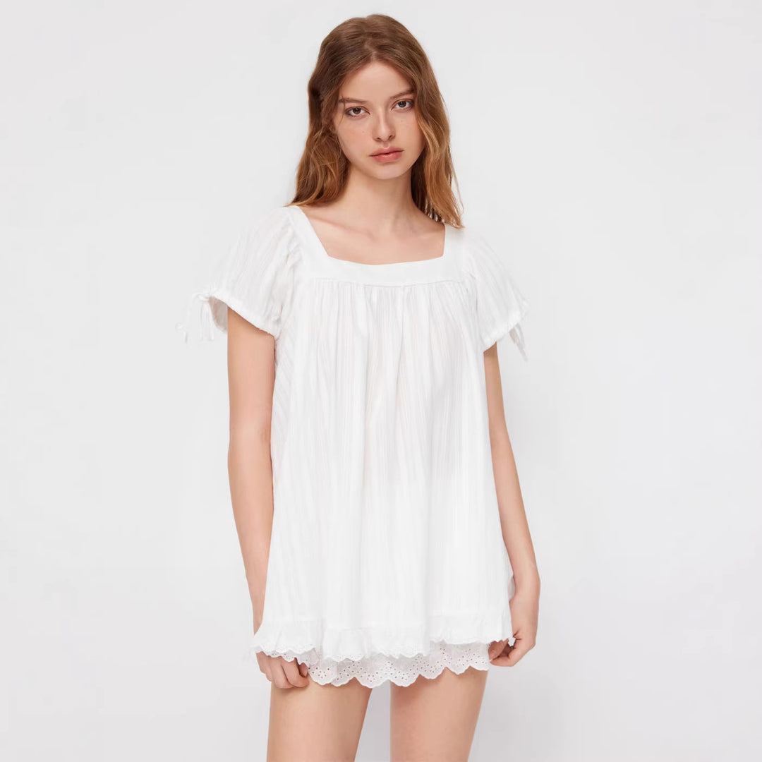 New casual square-neck ruffled short-sleeve shirt