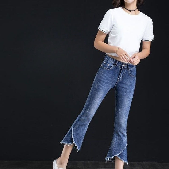 New high-waisted, slimming, stretchy, plus-size cropped kick-flare jeans.