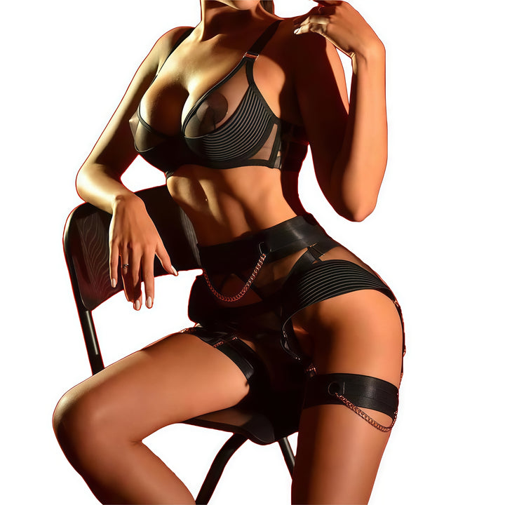 Black sheer-panel lingerie set with chain embellishment