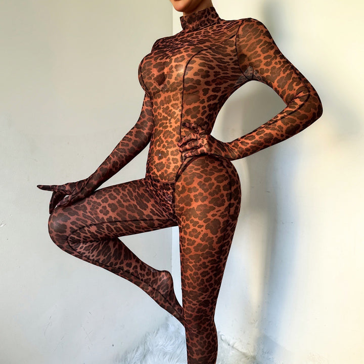 New Sexy Slim-Fit Long-Sleeve Leopard Print Zipper Set