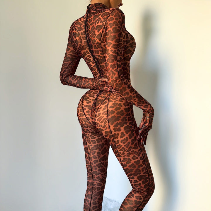 New Sexy Slim-Fit Long-Sleeve Leopard Print Zipper Set