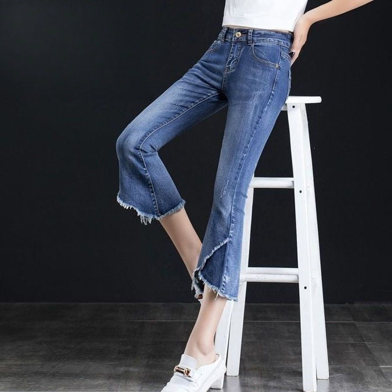 New high-waisted, slimming, stretchy, plus-size cropped kick-flare jeans.