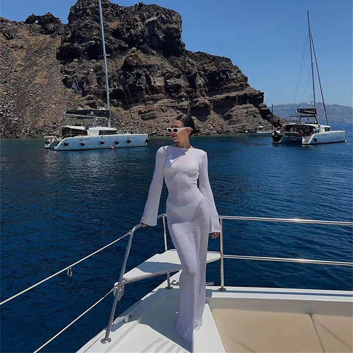 Crew-neck long-sleeve open-back beach cover-up dress