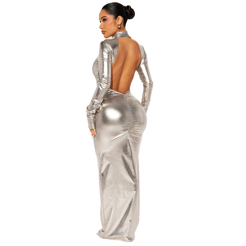 High-stretch, silky-sheen long-sleeve dress