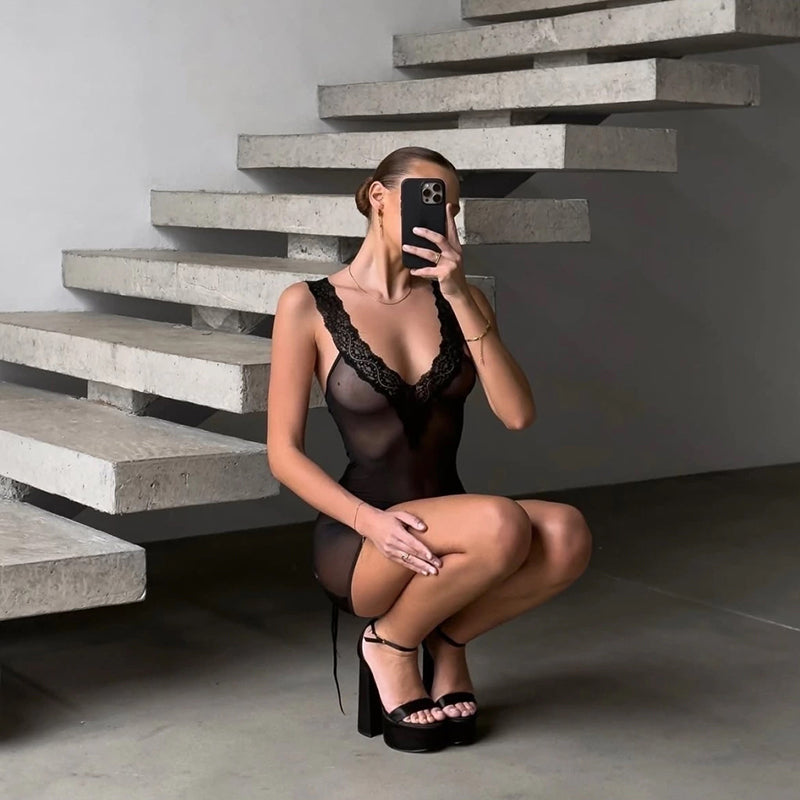 Sheer Mesh Strappy Lingerie Dress Set