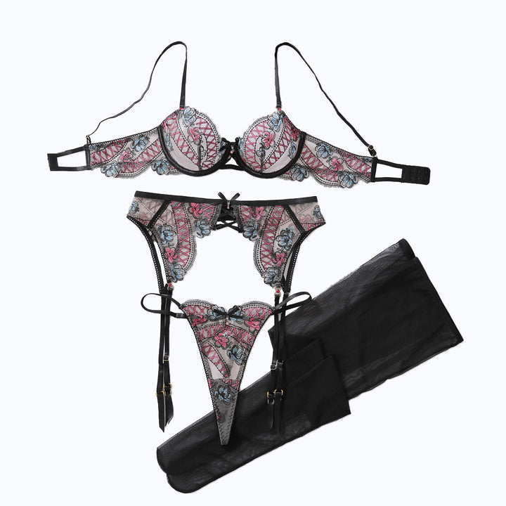 Embroidered Lace Mesh Garter Lingerie Set