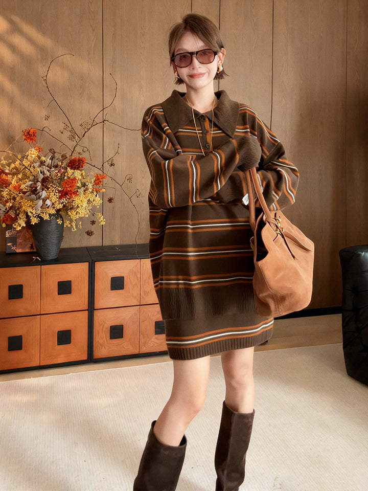 New Autumn/Winter Soft Striped Knit Top and Skirt Set