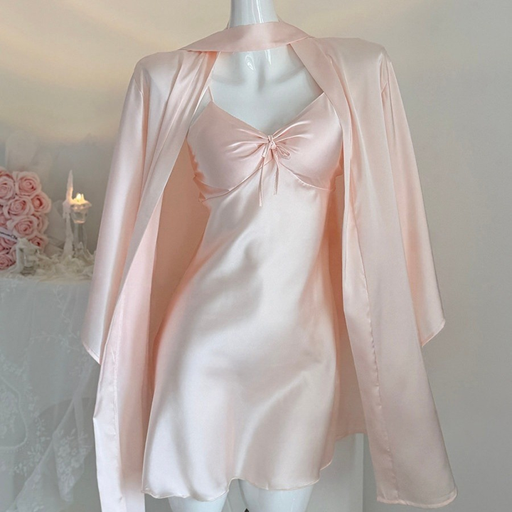 Ice-silk and lace camisole nightdress, featuring built-in pads and a bow detail