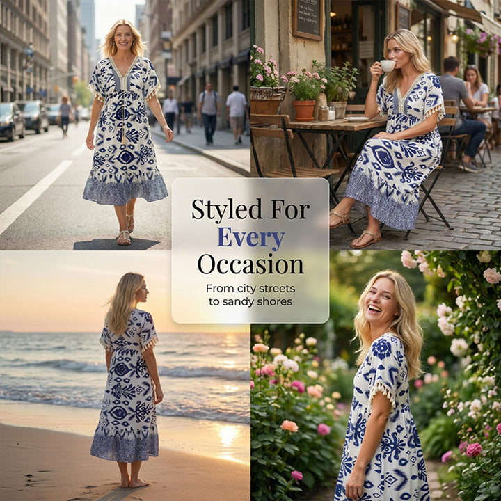 New Summer Fashionable Printed V-Neck Tassel Dress
