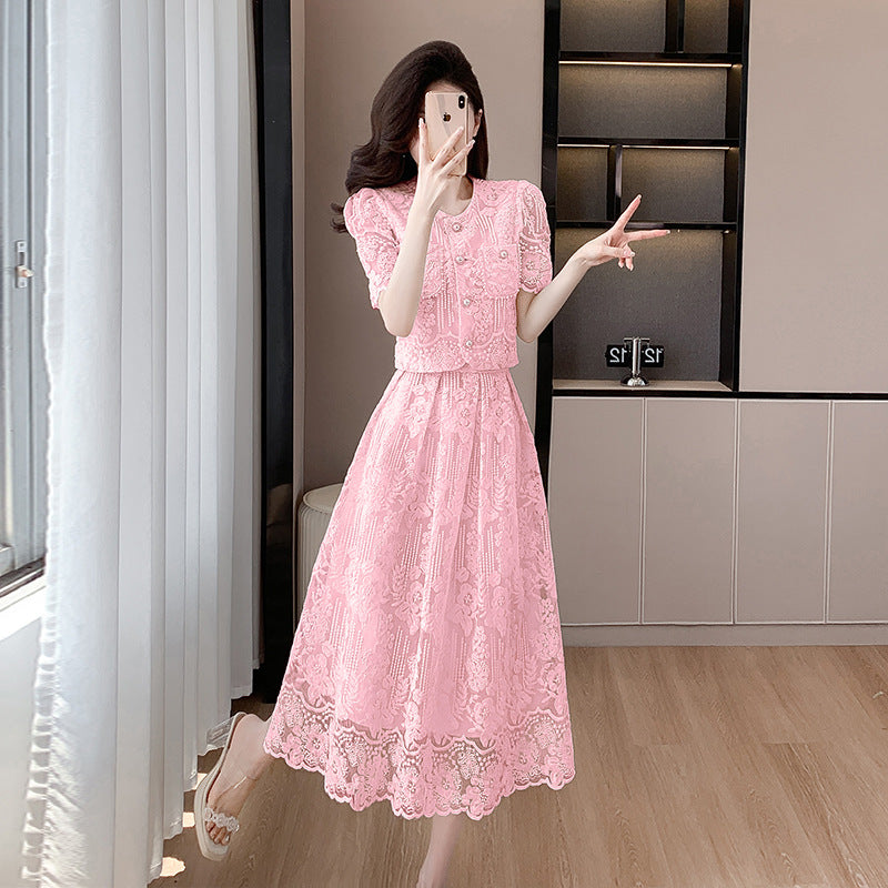 Beaded lace top and high-waisted, full-skirted midi skirt set