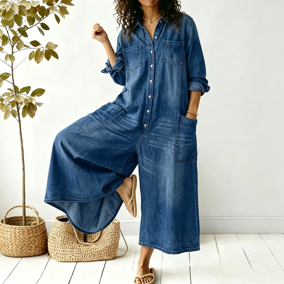 Single-Breasted Denim-Look Shirt Jumpsuit