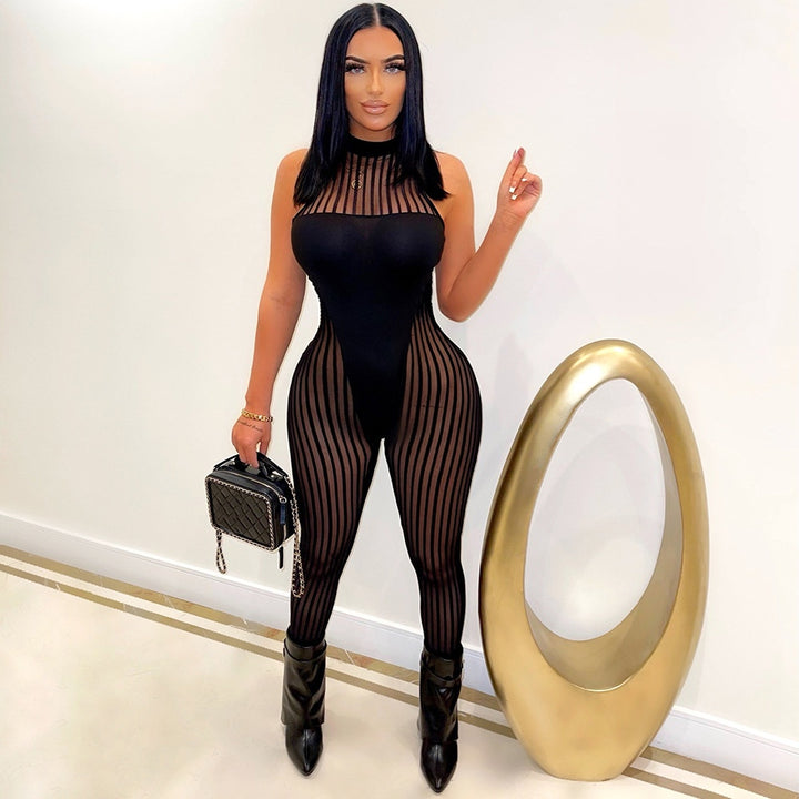 New sexy striped see-through sleeveless jumpsuit