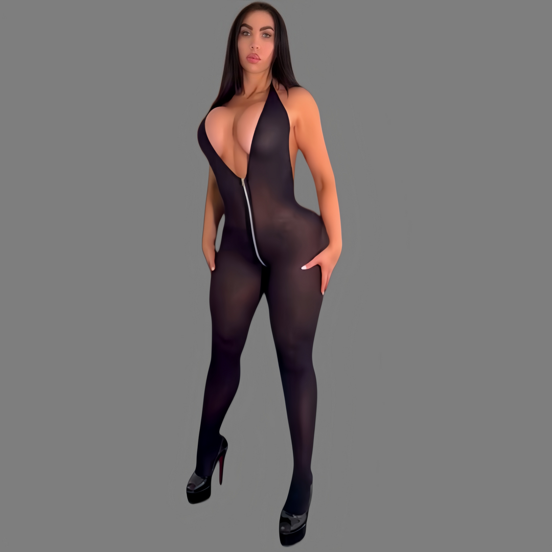 Sexy open-crotch bodysuit with a zipper.