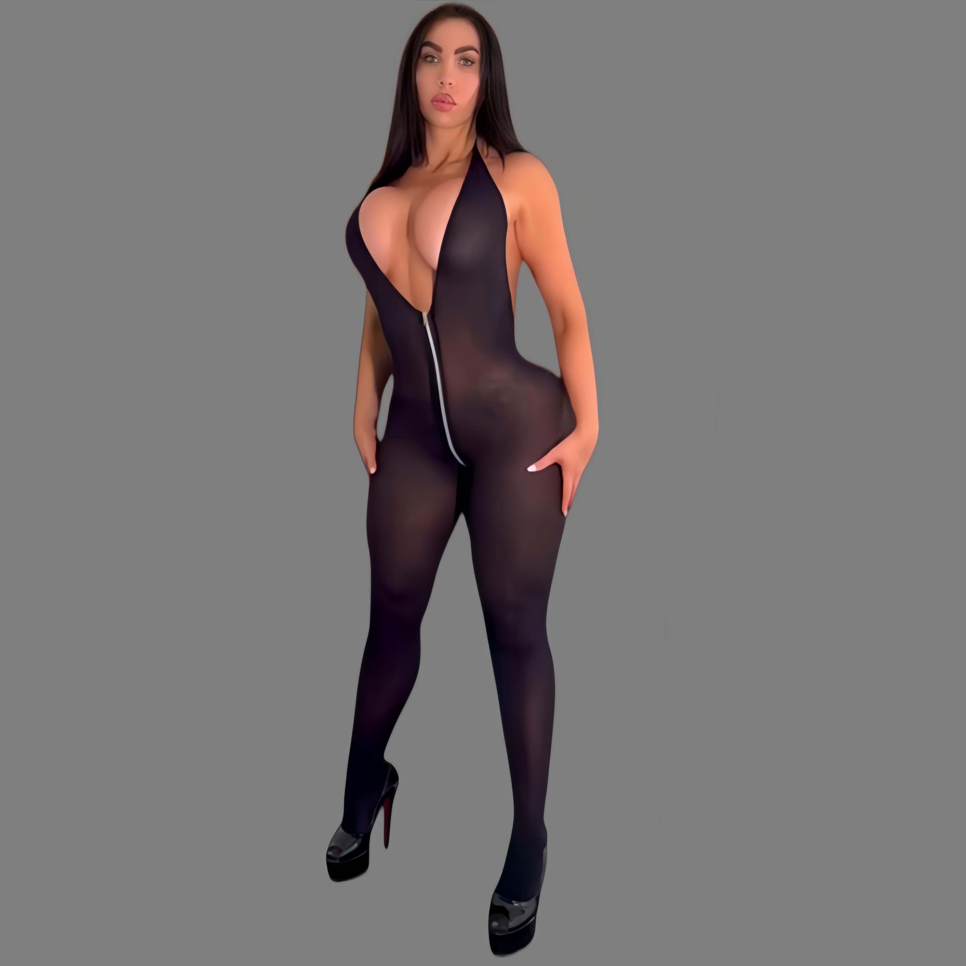 Sexy open-crotch bodysuit with a zipper.