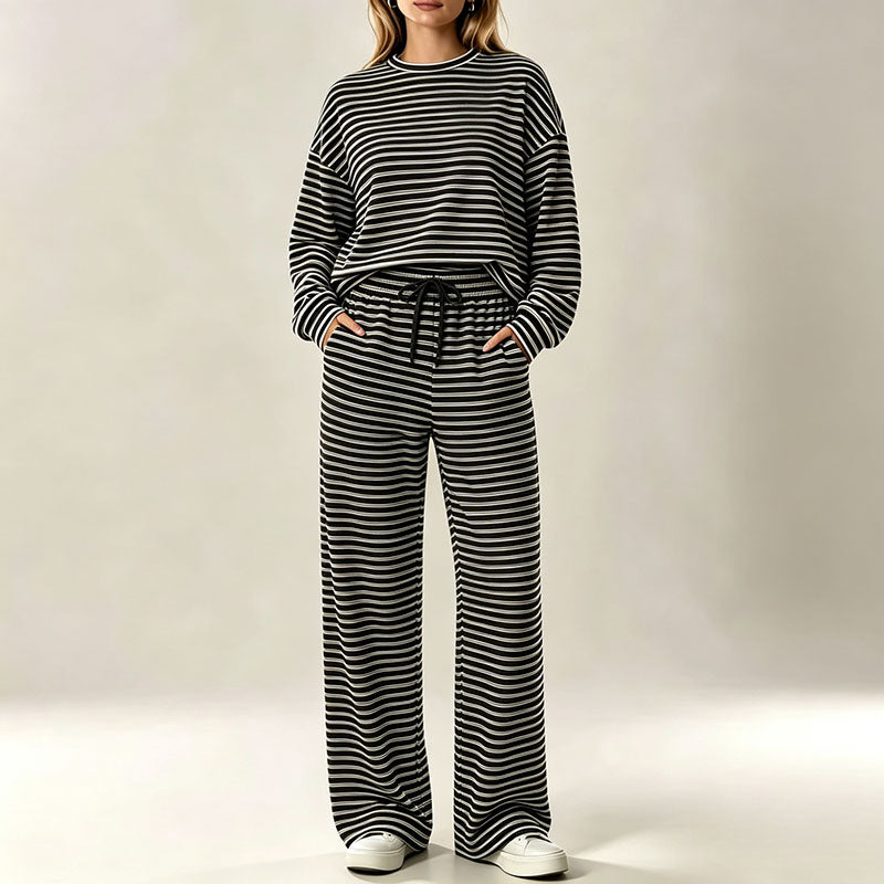 Autumn/Winter Striped Casual Long-Sleeve Top and High-Waisted Pants Set