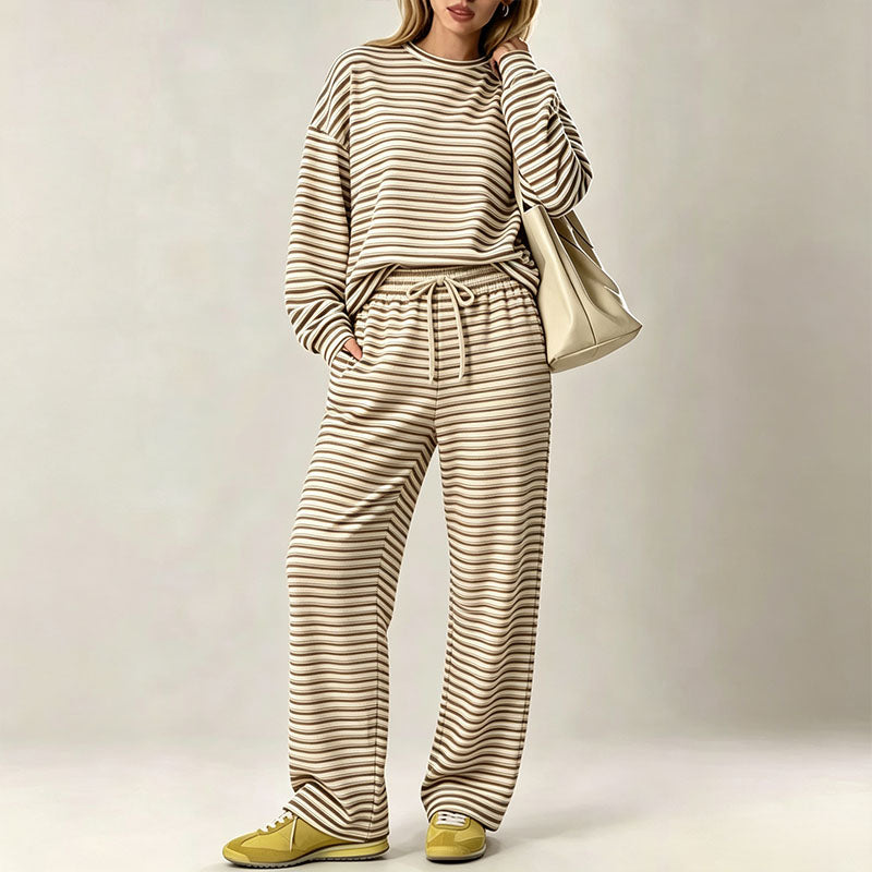 Autumn/Winter Striped Casual Long-Sleeve Top and High-Waisted Pants Set