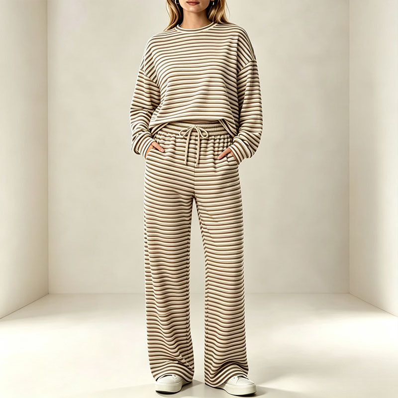 Autumn/Winter Striped Casual Long-Sleeve Top and High-Waisted Pants Set